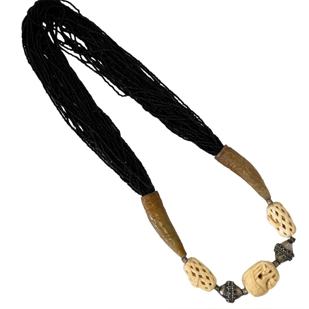 Vintage 90s Black Beaded Necklace Cream Stork Beads